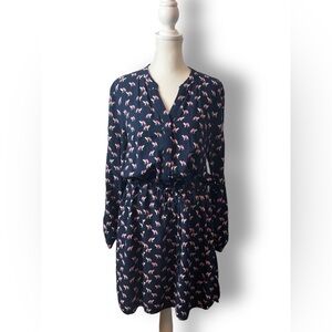 Crown & Ivy Size L Dress Llama Print Roll Tab Sleeve Drawstring Front Button